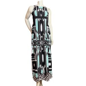 Cleo Petites Maxi Dress Ikat Leopard Print Keyhole Boho Resort Black Blue XS